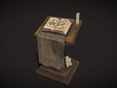 Functional Wooden Table with Open Book Cloth with Star Pattern and Candles 3d model