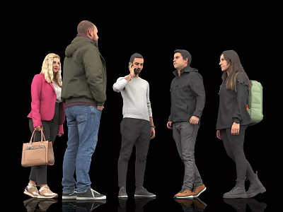 Group of Five People Standing Together Interacting in Casual Clothing With Backpack and Handbag 3d model