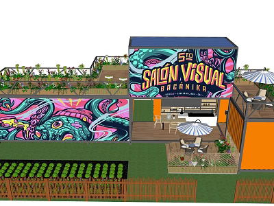 Vibrant Post Station With Colorful Graffiti Rooftop Garden And Outdoor Seating 3d model