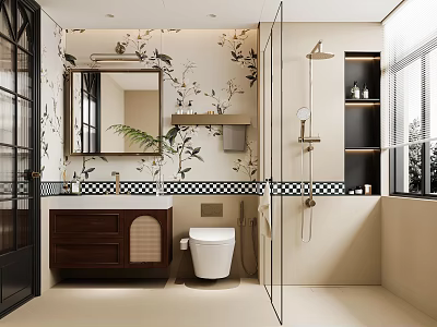 Elegant Modern Bathroom Interior With Floral Pattern Walls Wooden Cabinet And Shower Area 3d model