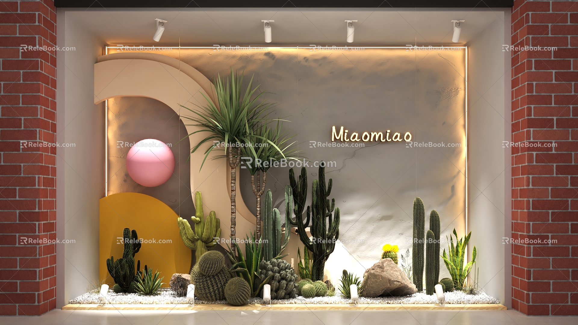 shopping mall window display window green plant cactus tropical plant 3d model