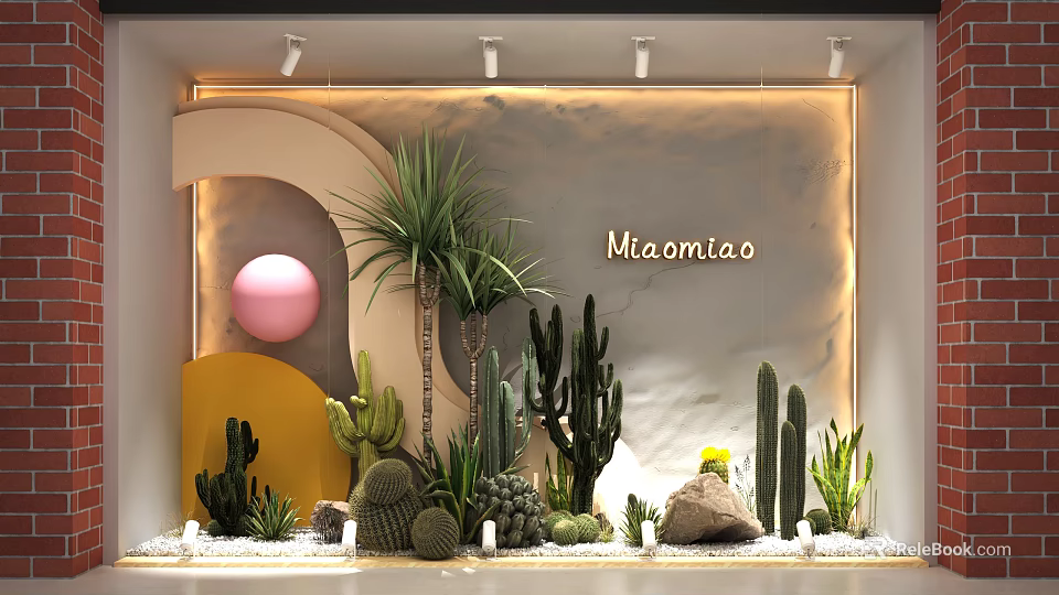 Maomiao Shop Window Display with Cacti Succulents Pink Sphere Yellow Curved Design and Marble Wall 3d model 