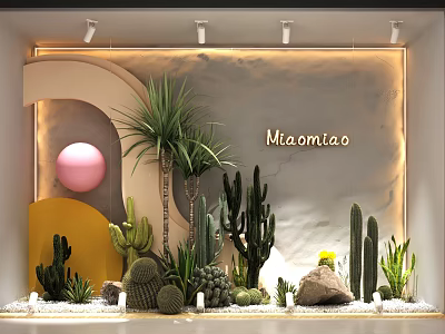 Maomiao Shop Window Display with Cacti Succulents Pink Sphere Yellow Curved Design and Marble Wall 3d model