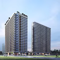 Modern High Rise Hotel Building with Sunset Sky Landscaped Surroundings and Ground Floor Retail Spaces