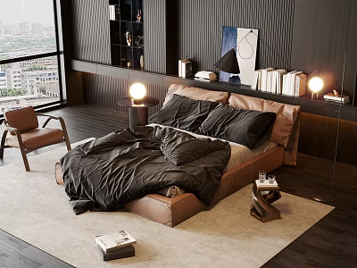 Modern Double Bed With Dark Bedding Floor Lamp And City View Decor 3d model