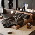 Modern Double Bed With Dark Bedding Floor Lamp And City View Decor