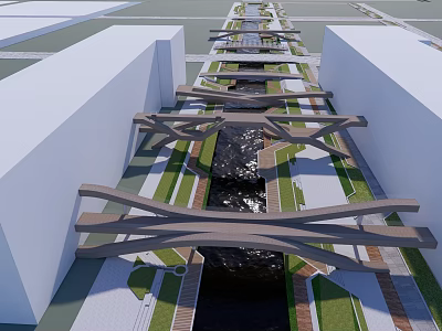 Modern Landscape Bridge With Wooden Beams Over Water And Greenery On Both Sides 3d model