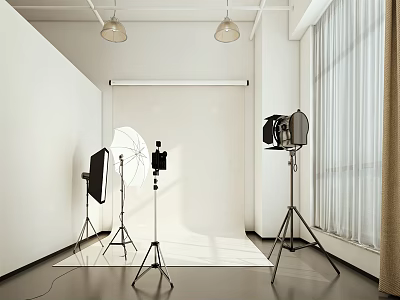 Professional Photography Studio Setup With Lights Reflectors And White Backdrop 3d model