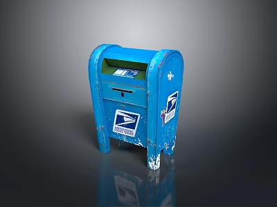 Blue USPS Mailbox With Worn Surface And Reflection On Black Background 3d model