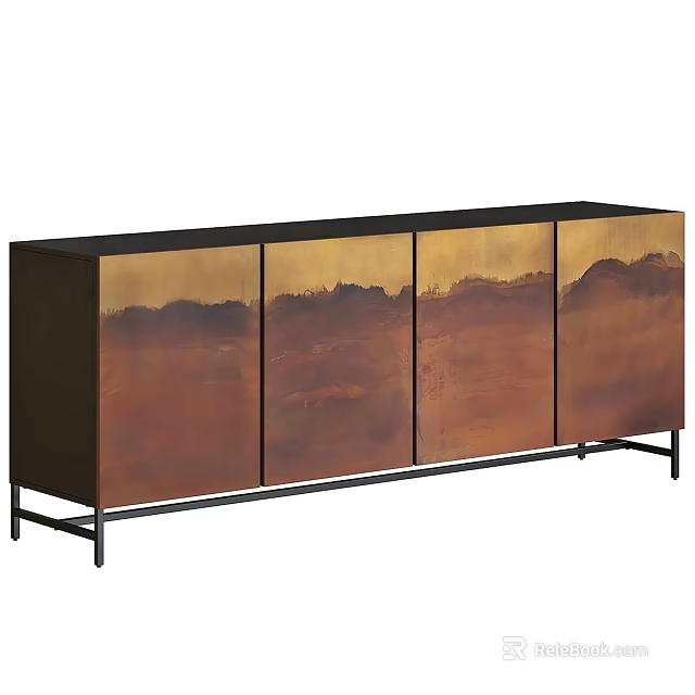 Modern Cabinet With Four Doors Brown Gold Gradient Landscape Design And Black Frame 3d model 