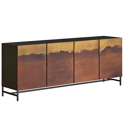 Modern Cabinet With Four Doors Brown Gold Gradient Landscape Design And Black Frame 3d model