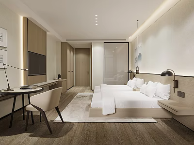 Modern Hotel Room Interior With King Bed Work Desk TV And Neutral Tones Design 3d model