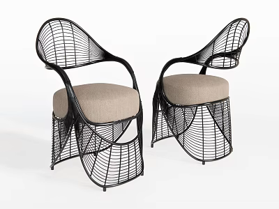 Stylish Black Rattan Leisure Chairs With Curved Design And Beige Cushions 3d model