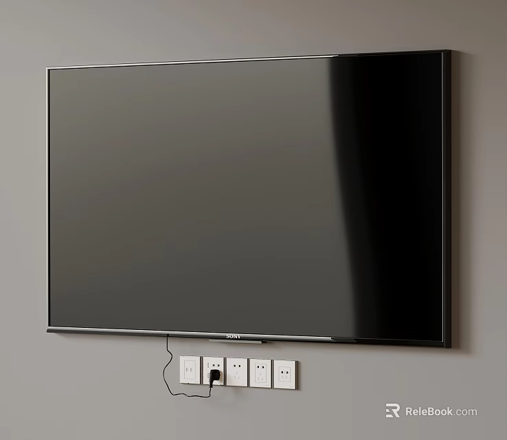 Wall Mounted TV With Black Screen And Power Sockets On Gray Wall 3d model 