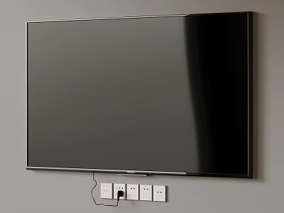 Wall Mounted TV With Black Screen And Power Sockets On Gray Wall 3d model