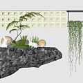 Indoor Landscape Design With Rock Shaped Platform Green Plants Moon Lamps And Hanging Vines