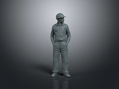 3D Rendered Male Character Model In Uniform With Cap Standing Hands In Pockets 3d model