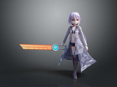 Game Movie Character Purple Hair Gray Coat Holding Large Orange Sword With Blue Circular Emblem 3d model