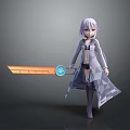 Game Movie Character Purple Hair Gray Coat Holding Large Orange Sword With Blue Circular Emblem