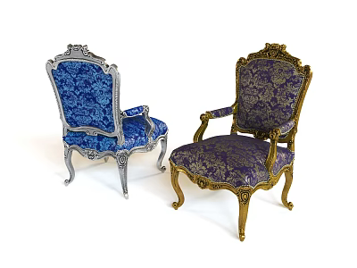 Classical Dining Chairs With Silver And Gold Carved Frames And Blue Purple Patterned Fabrics 3d model