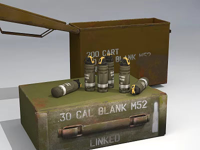 30 Cal Blank M52 Linked Ammunition Cartridges In Green Military Boxes 3d model