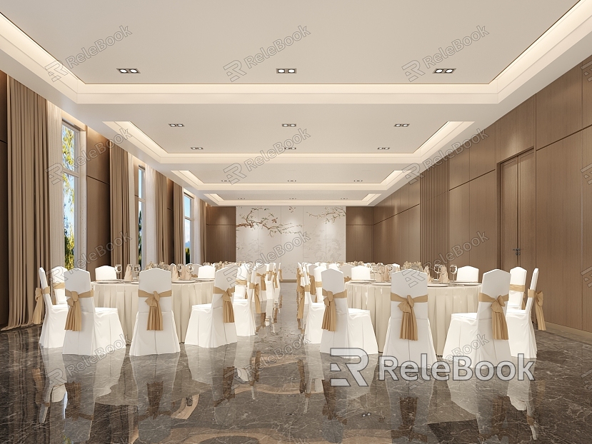 Modern Ballroom Restaurant Hotel Ballroom Dining Table and Chair Wood Decorative Background Wall model