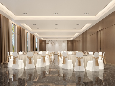 Modern Ballroom Restaurant Hotel Ballroom Dining Table and Chair Wood Decorative Background Wall 3d model