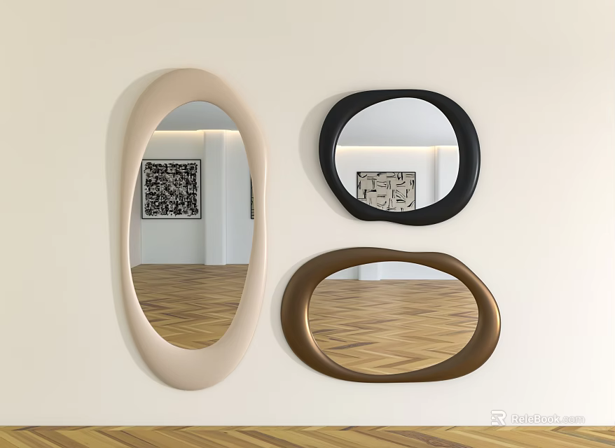 Three Colored Oval Mirrors On Light Wall With Wooden Floor And Artwork Reflection 3d model 