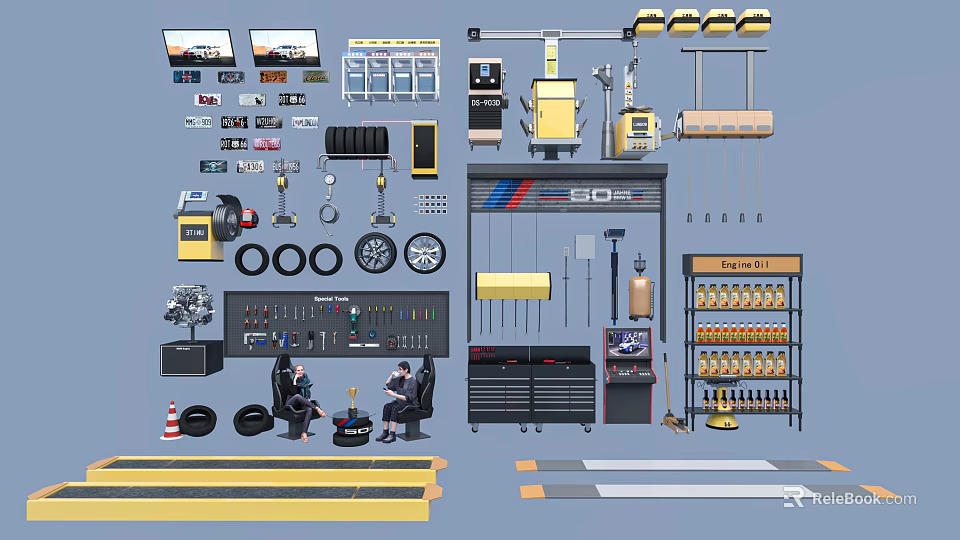 Auto Repair Shop Tools And Equipment Including Tires Workbench And Display Screens 3d model 
