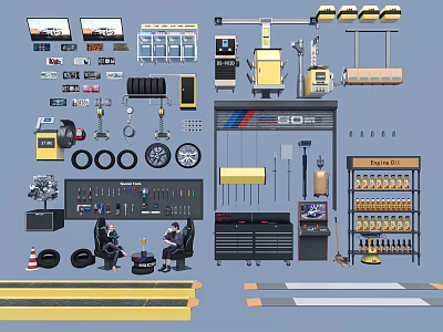 Auto Repair Shop Tools And Equipment Including Tires Workbench And Display Screens 3d model