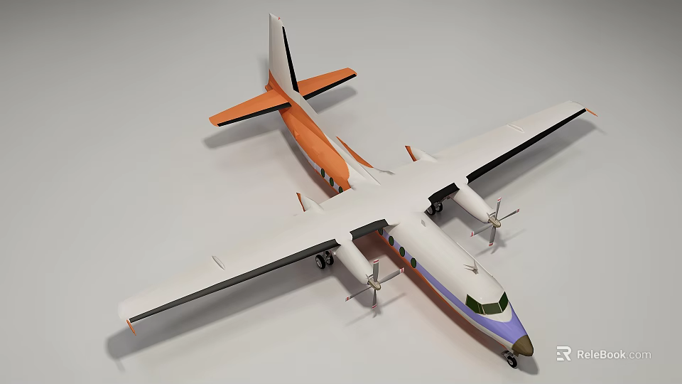 White Passenger Plane Featuring Orange Wings Tail Blue Purple Nose And Propeller Engines Design 3d model 