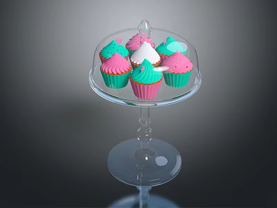 Colorful Pink And Green Cupcakes On Transparent Stand With Glass Dome 3d model