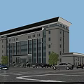 Modern Office Building With Glass Curtain Walls Stone Facade Trees Street Lights And Parked Cars