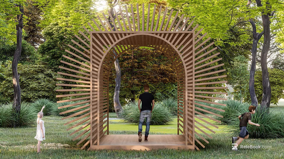 Wooden Pergola With Radial Slats Arched Entrance In Outdoor Garden Greenery People Walking 3d model 