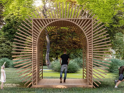 Wooden Pergola With Radial Slats Arched Entrance In Outdoor Garden Greenery People Walking 3d model