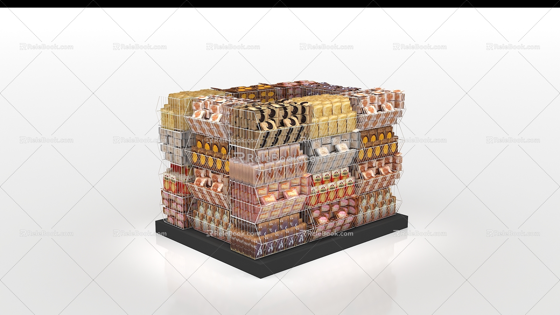 Modern Supermarket Store Bulk Moon Cake Stack Basket Piled Old-fashioned Handmade Traditional Pastry Oil Paper Beef Ham Ice Orange Pepper Salt Bean Pate Moon Cake 3d model