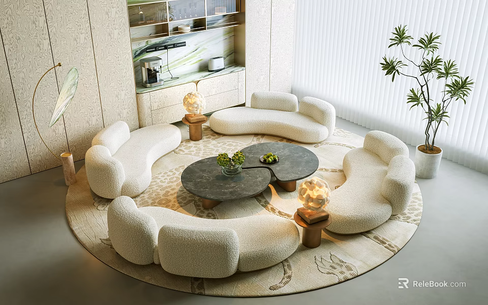 Modern Curved White Plush Sofa and Round Coffee Table Set with Green Plants Floor Lamps 3d model 