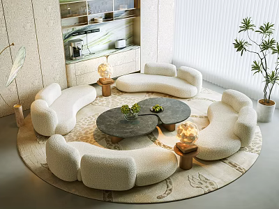 Modern Curved White Plush Sofa and Round Coffee Table Set with Green Plants Floor Lamps 3d model