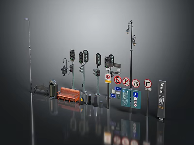 Urban Street Scene Components Featuring Street Lamps Traffic Lights Bench Trash Can And Signs 3d model