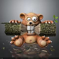 Cute Orange Bear Cub Holding a Bark Covered Log With White Bite Marks and Wood Shavings Around Green Leaf