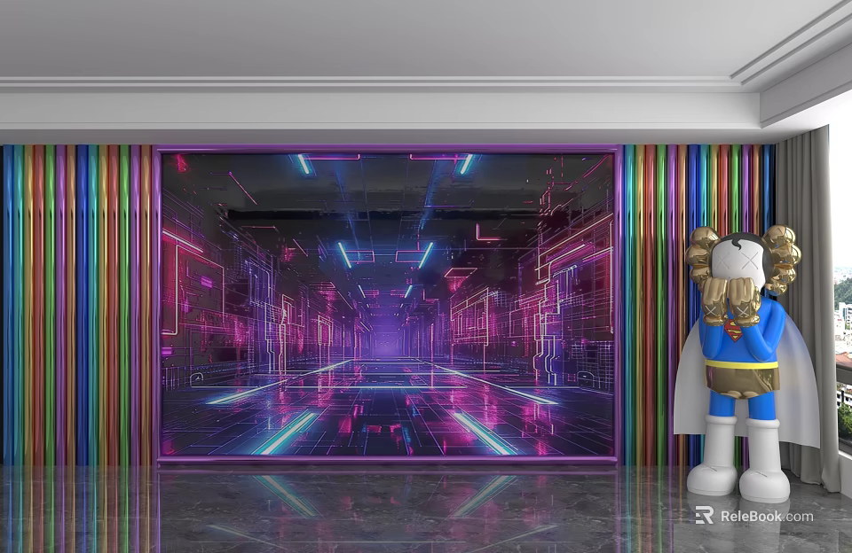 Vibrant Cyberpunk Background Wall With Neon Lights Tunnel Pattern Colorful Stripes And Cartoon Statue 3d model 
