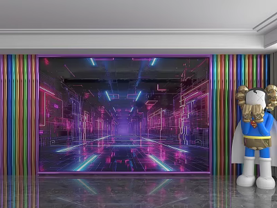 Vibrant Cyberpunk Background Wall With Neon Lights Tunnel Pattern Colorful Stripes And Cartoon Statue 3d model