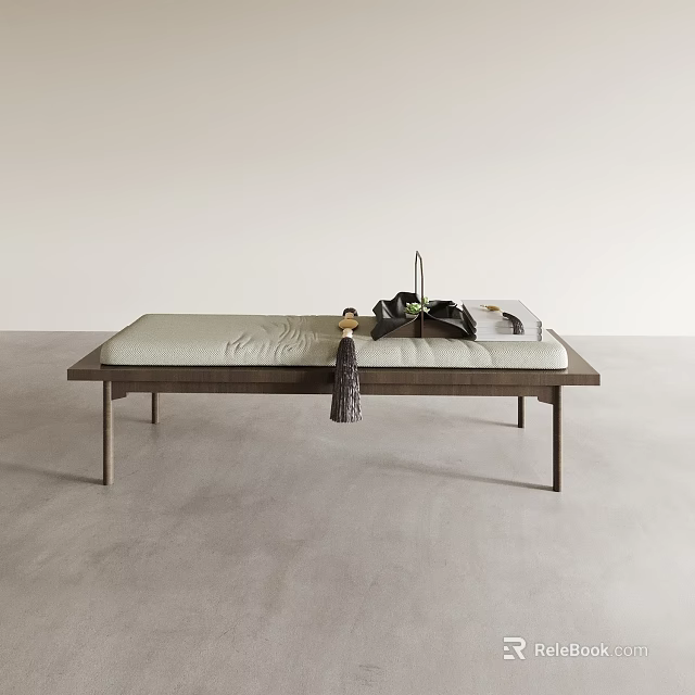 Modern Minimalist Wooden Ottoman With Light Green Cushion And Decorative Items On Gray Floor 3d model 
