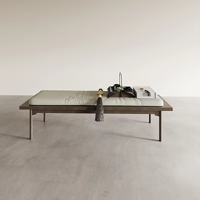 Modern Minimalist Wooden Ottoman With Light Green Cushion And Decorative Items On Gray Floor 3d model
