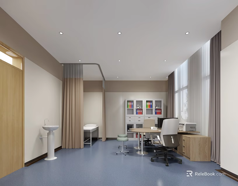 Medical Examination Room With Wooden Door Washbasin Bed Bookshelf Desk Chair And Window Curtains 3d model 