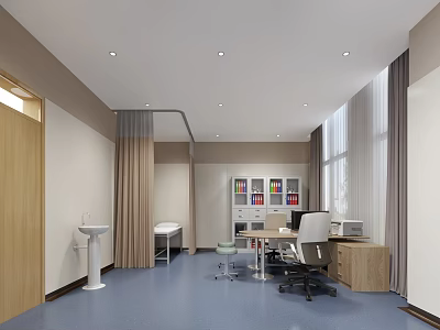 Medical Examination Room With Wooden Door Washbasin Bed Bookshelf Desk Chair And Window Curtains 3d model