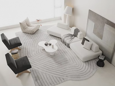Modern Living Room Sofa And Coffee Table Set With Wavy Gray Rug Black Chairs Throw Pillows And Floor Lamp 3d model