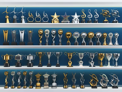 Various Gold Silver Trophies And Medals With Different Designs On Shelf 3d model