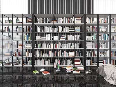 Spacious Modern Glass Door Bookcase with Multiple Shelves Filled with Books 3d model