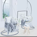 Indoor Hanging Chairs with Striped Pillows Blanket Tassel Decor and Wooden Stool